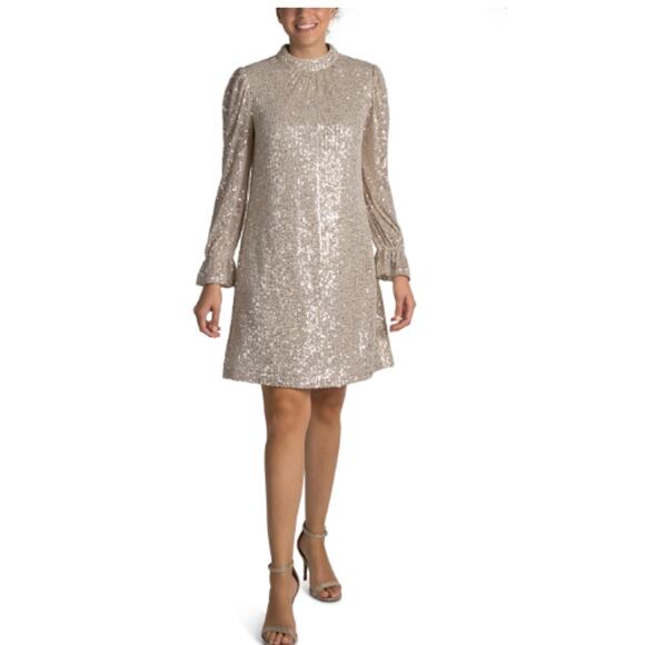 JULIA JORDAN Sequin Long Sleeve Sheath Dress In Ivory Silver 8 Mock Neck NWT - Picture 1 of 13